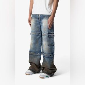 NWT MNML Void Baggy Grommet Medium Blue Brown Dirty Wash Denim Cargo Jeans 34